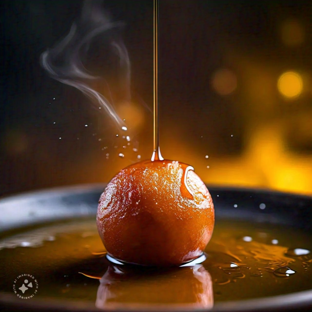 dropping sugar syrup on gulab jamun