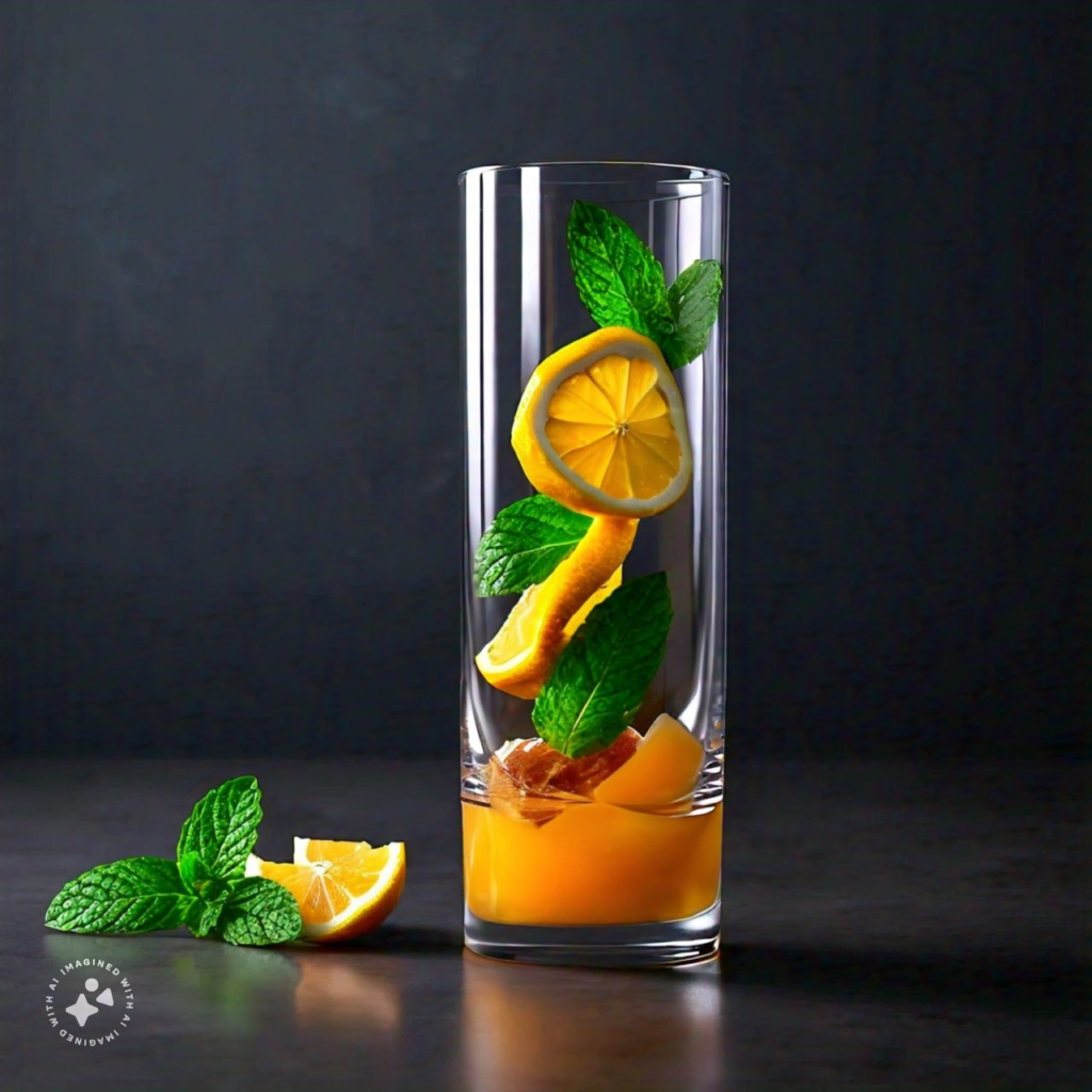 adding orange juice to vibrant sunset mocktail