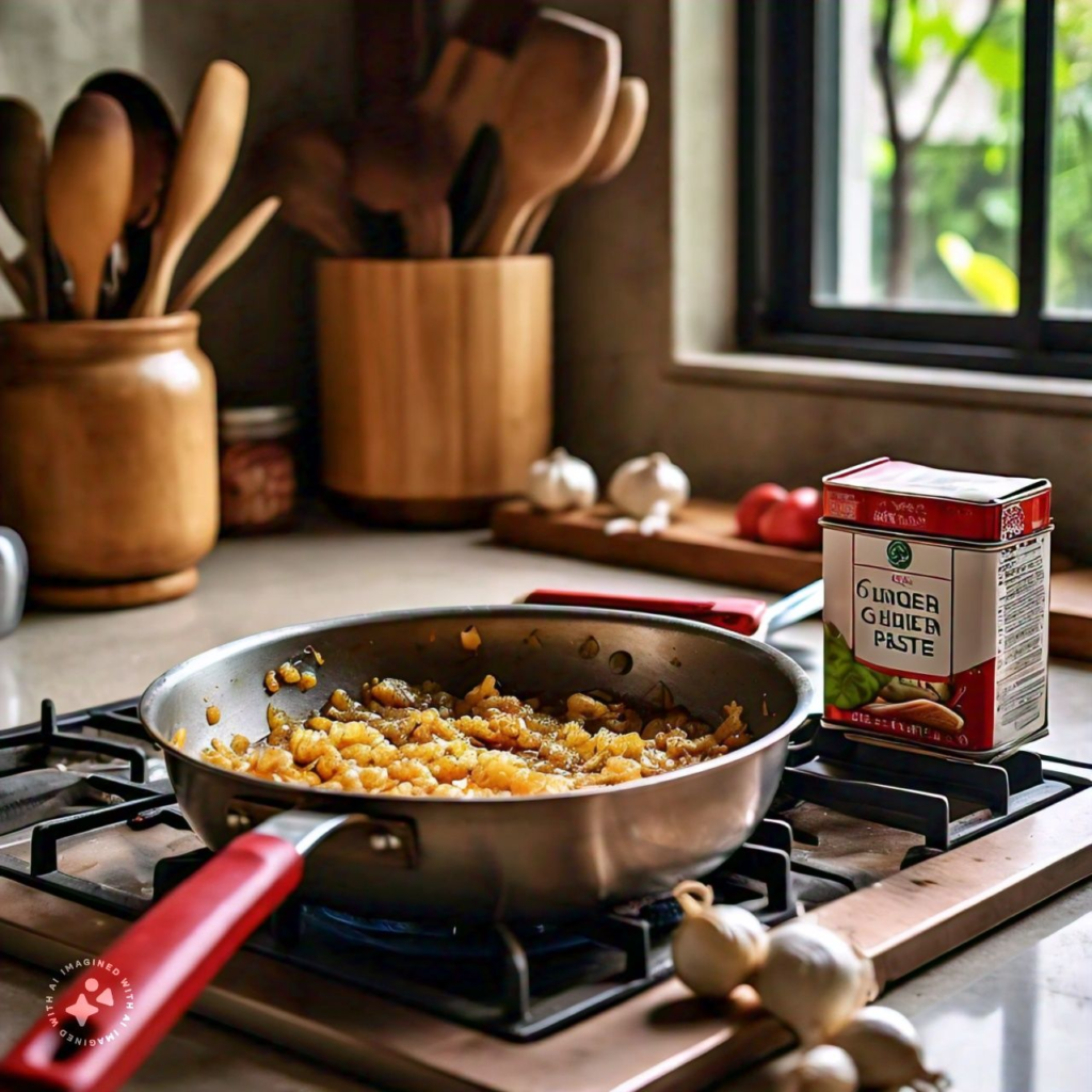 adding ginger garlic paste in golden brown onions