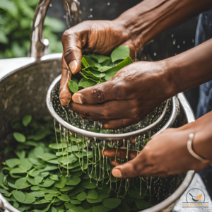 Washing the fresh moringa leaves