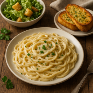creamy parmesan pasta along with garlic bread and caesar salad